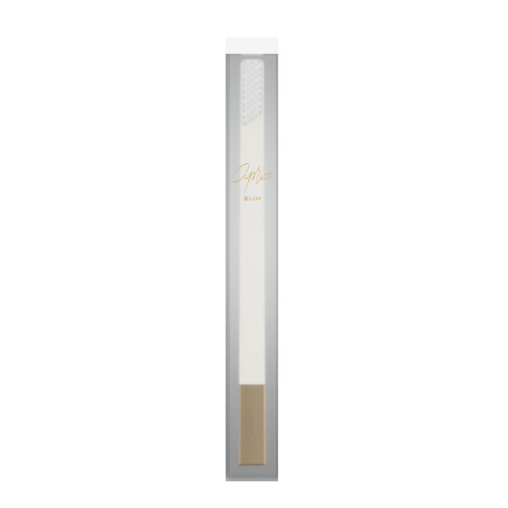 SLIM by Apriori white & gold disposable toothbrush package